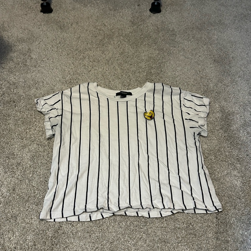Forever 21 Striped White and Black Cropped Top with smiley face Patch